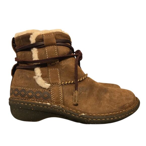 UGG Shoes - UGG Australia Boots Womens 6 Cove Toast Ankle Booties Wrapped Laces Sheepskin